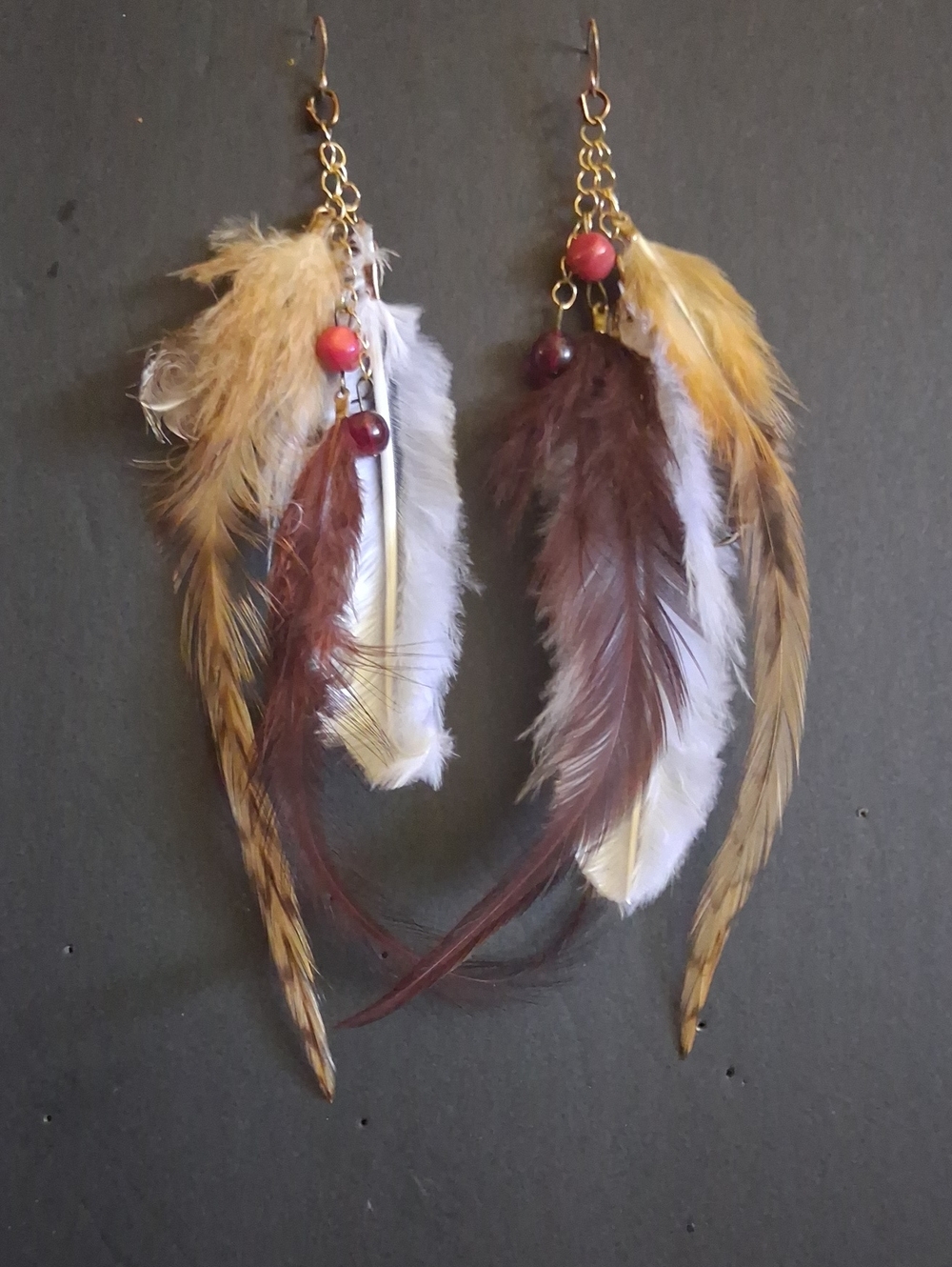 Boho Feather Drop Earrings in Brown, White & Yellow - By CSV
